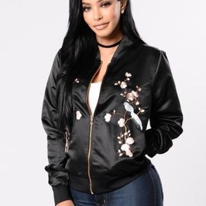 🦋 Fashion Nova Black Satin Floral Bomber Jacket